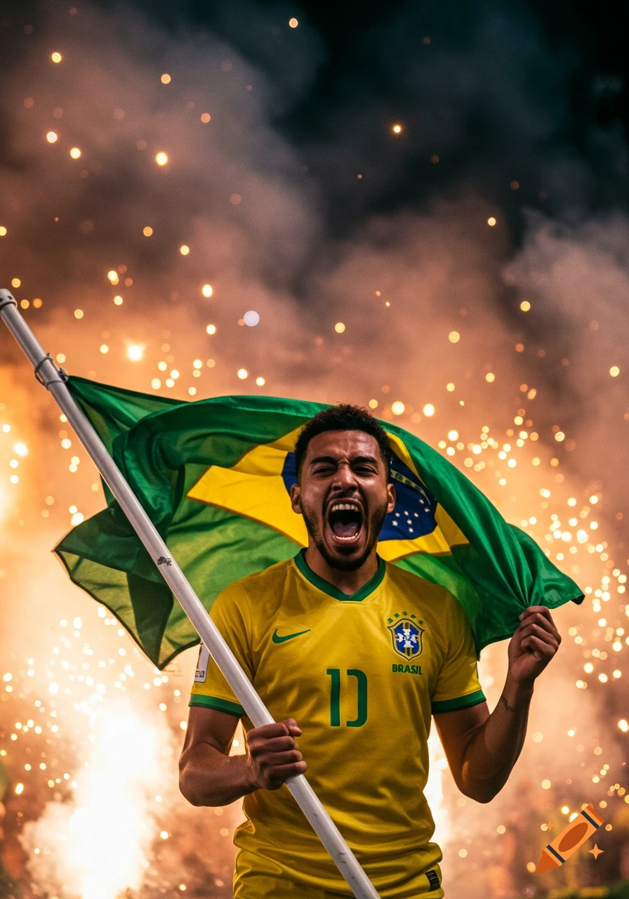 A jubilant Brazilian man in a yellow football jersey holds a flag with fireworks exploding behind him, screaming in excitement.