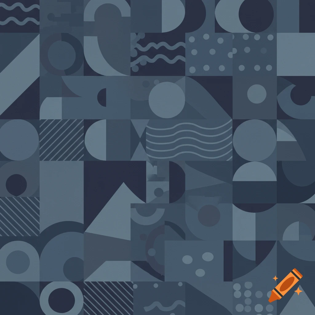 An abstract pattern of dark blue and gray geometric shapes including squares, circles, triangles, and wavy lines, arranged in a grid.