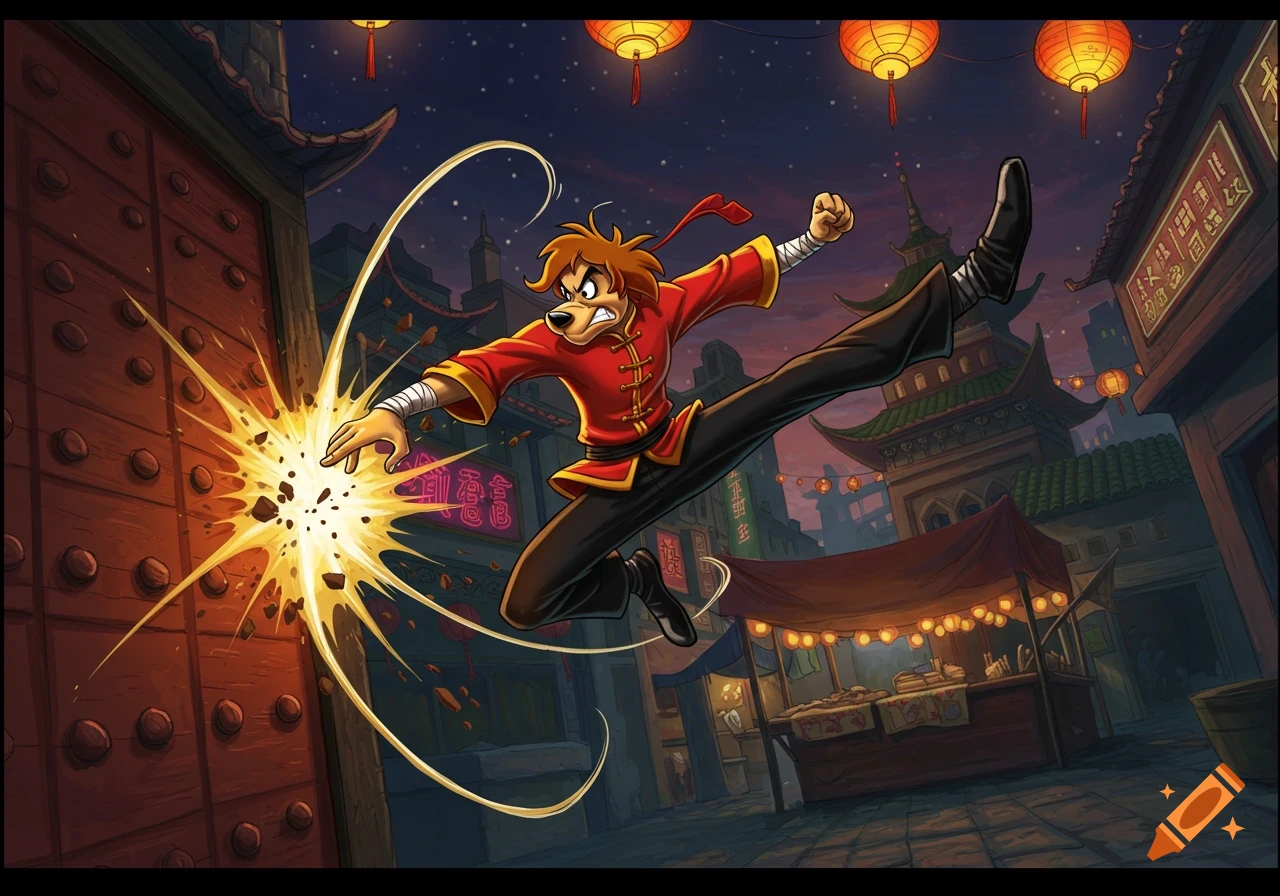 A cartoon dog-like martial artist in a red gi performs a powerful flying kick, breaking a wooden door on a lantern-lit Chinese street at night.