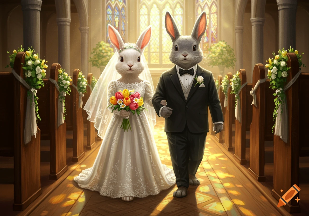 Two anthropomorphic bunnies, one in a wedding dress holding flowers and one in a tuxedo, walk down a church aisle.