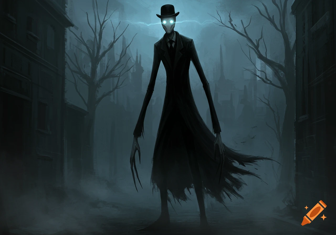 A tall, slender, shadowy figure with glowing white eyes, wearing a black coat and top hat, stands in a foggy, dark urban street at night.