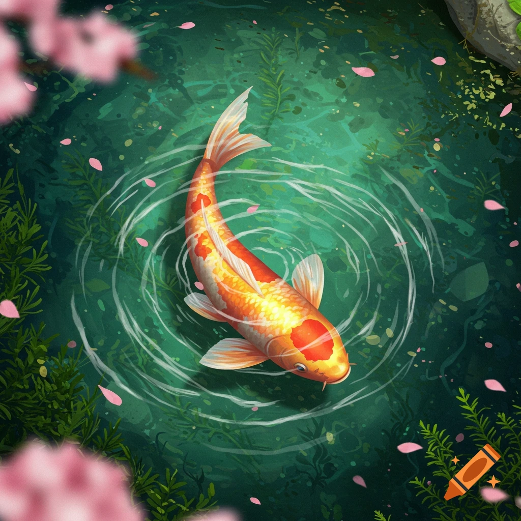 A vibrant orange and white koi fish swims in a green pond with water ripples and pink cherry blossom petals, illustration.