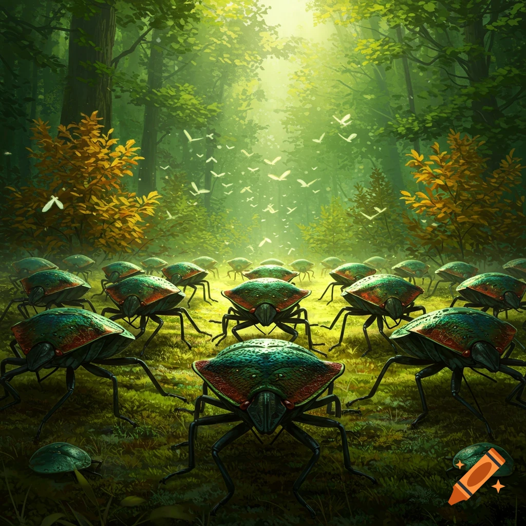 A stylized army of large green and red stink bugs stands in a sunlit, vibrant green forest with tiny white flying insects.