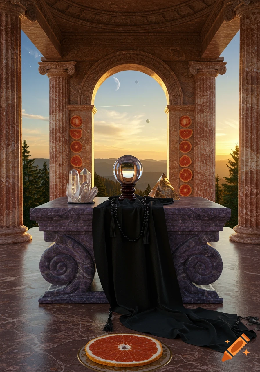 Photorealistic mystical altar with crystal ball and quartz under classical archway, overlooking a sunset forest with planets in the sky.
