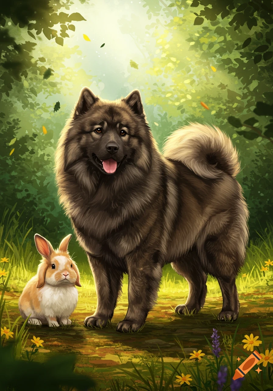 A fluffy brown Eurasier dog and a small tan and white Mini Lop rabbit stand together in a sunny forest clearing, digital illustration.