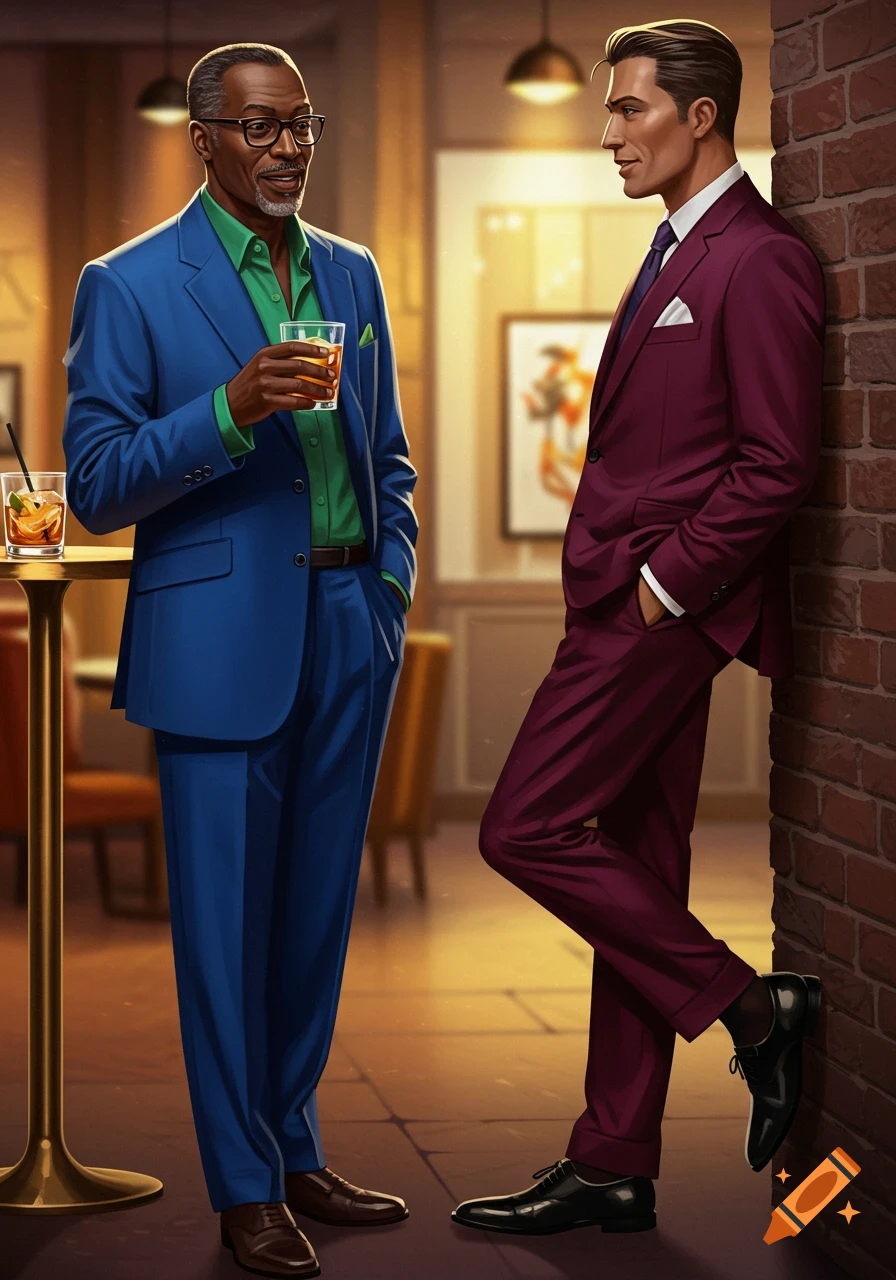 Two well-dressed men in suits socialize in a lounge. One in blue holds a drink, talking to another in maroon leaning against a brick wall.