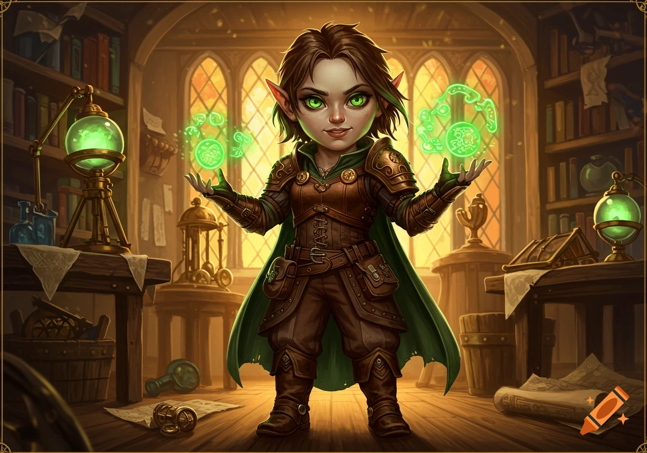 Short, female D&D artificer with green eyes and pointed ears, in brown armor and green cloak, conjuring magic in a wizard's study.