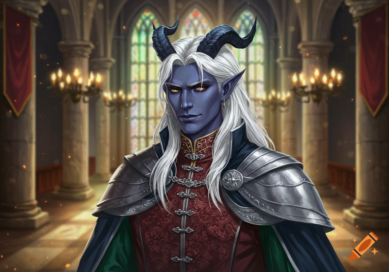 A male Tiefling with blue skin, black horns, white hair, and gold eyes, wearing noble attire and armor in a grand hall.
