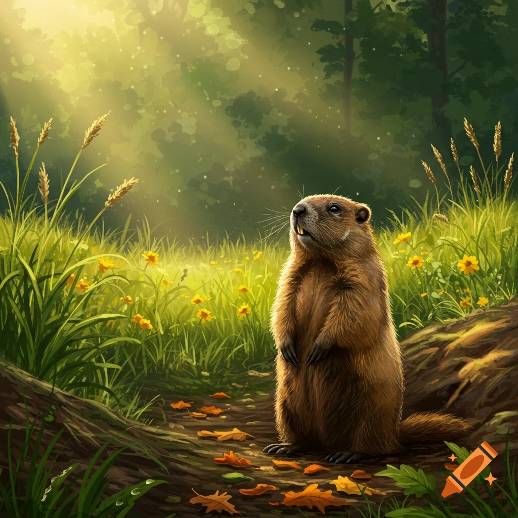 A brown groundhog stands upright on a forest path with fallen leaves, looking up at sunbeams filtering through green trees and yellow wildflowers.