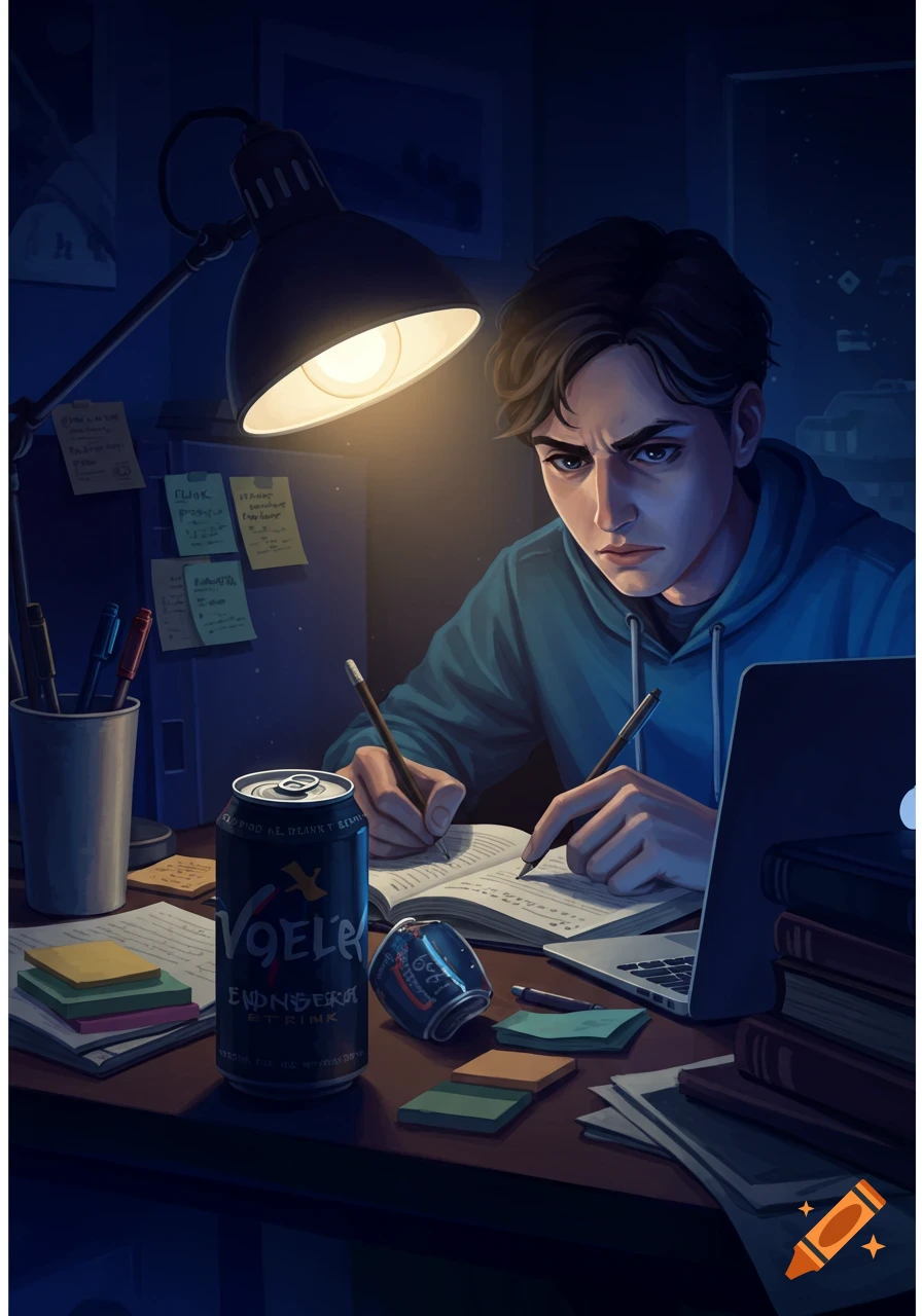 An illustrated young student with a serious expression studies at a desk at night, illuminated by a desk lamp, with an energy drink and laptop.