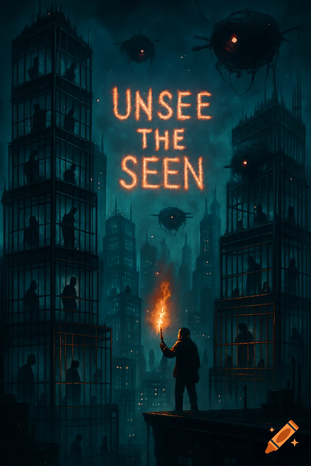 A lone figure holds a torch on a rooftop in a dystopian city, writing "Unsee The Seen" in the sky above cage-like skyscrapers.