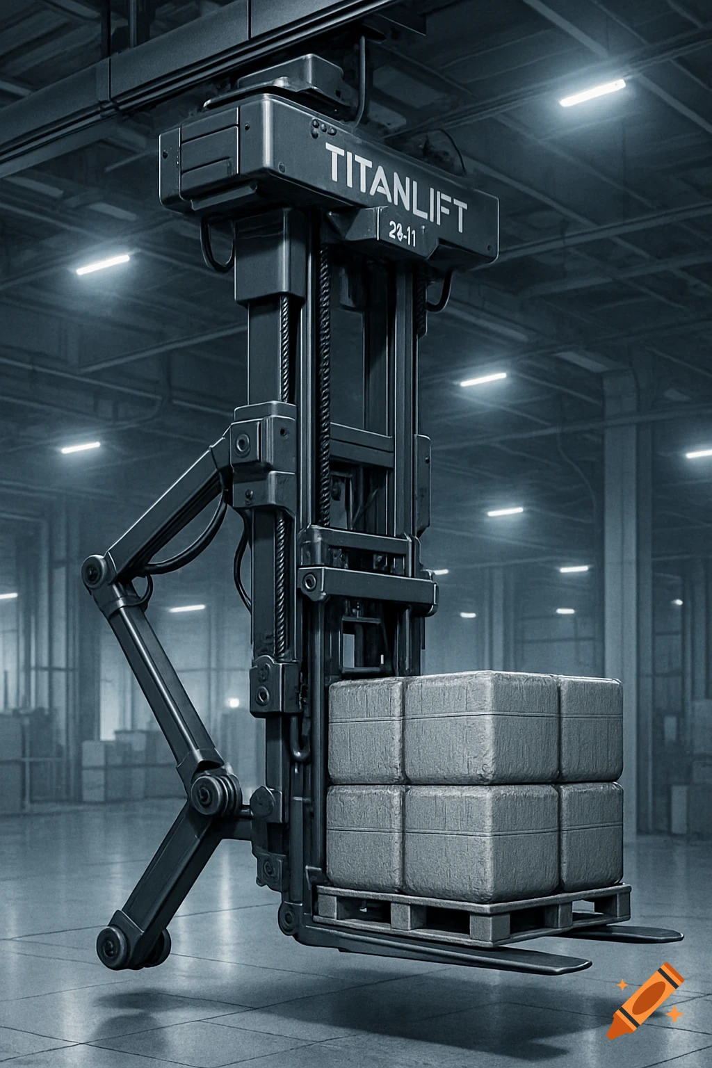 A photorealistic industrial ceiling-mounted TitanLift 23-11 forklift mechanism lifts a pallet of boxes in a dim warehouse.