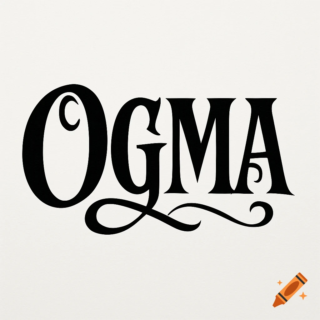A black and white typeface logo spelling "OGMA" with Tuscan and Irish uncial influences, featuring a tilted 'O' and decorative flourishes.