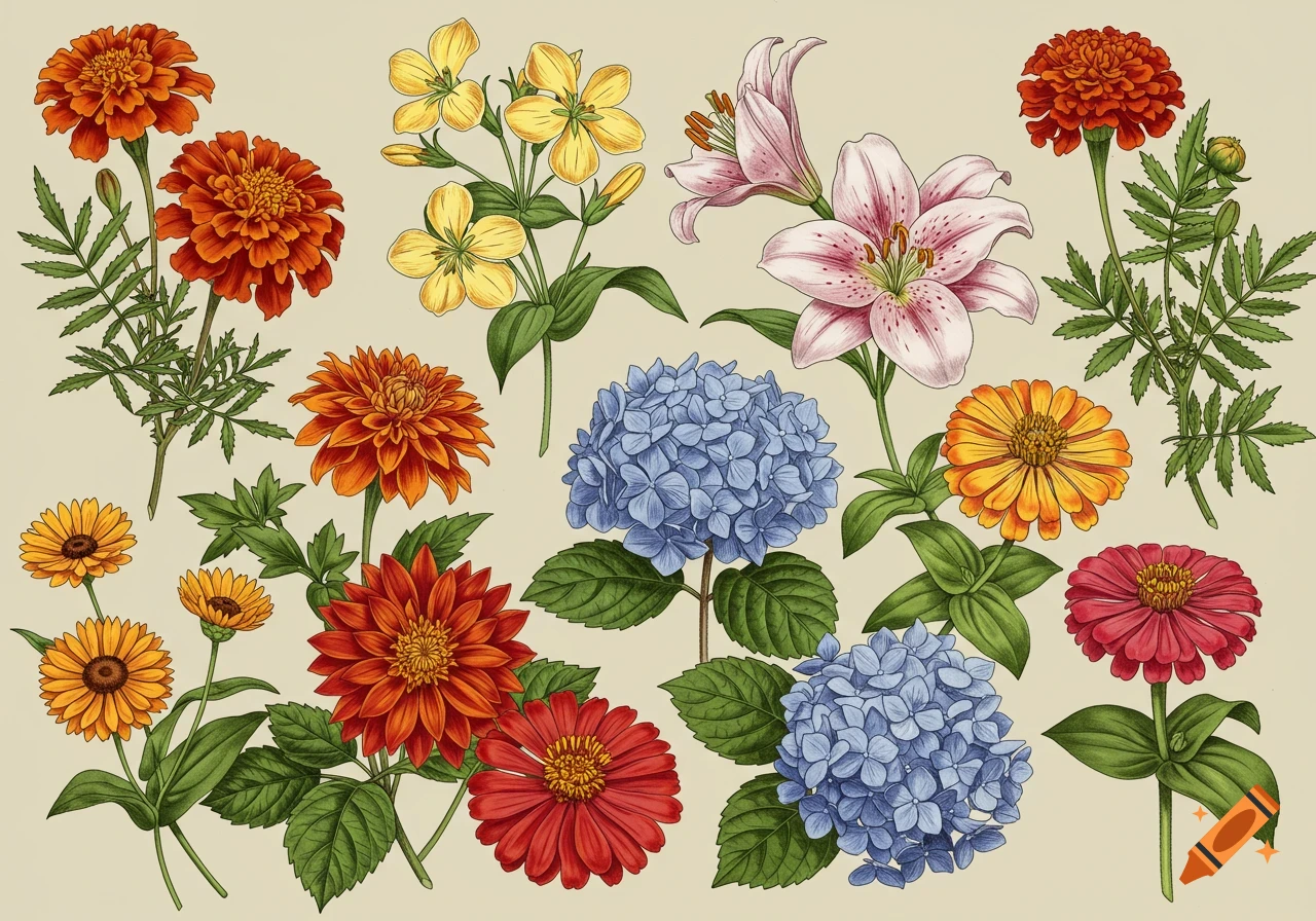 Vintage botanical illustration of colorful flowers: marigolds, dahlias, lilies, hydrangeas, and zinnias with green foliage.