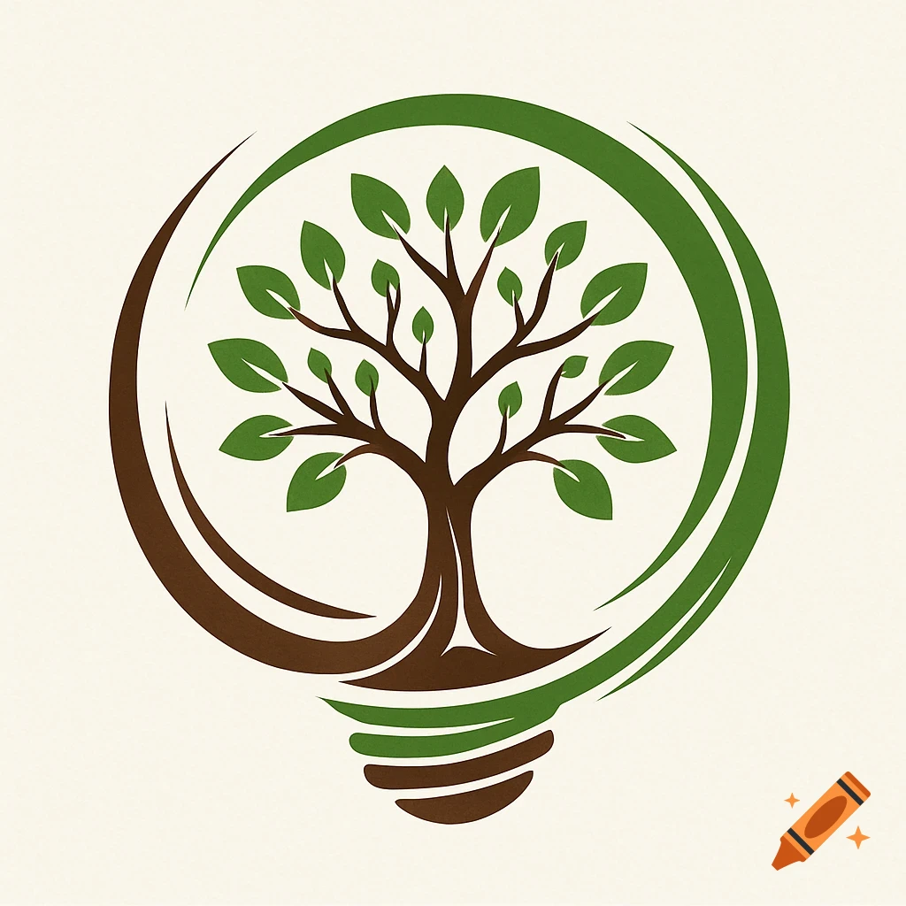 A stylized logo featuring a brown tree with green leaves, rooted within a lightbulb shape formed by brown and green swooshes, on a light textured background.