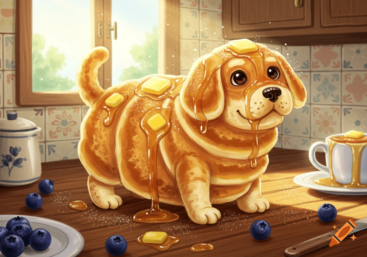 A cartoon dog with a pancake body, covered in syrup and butter, stands on a kitchen counter with blueberries.
