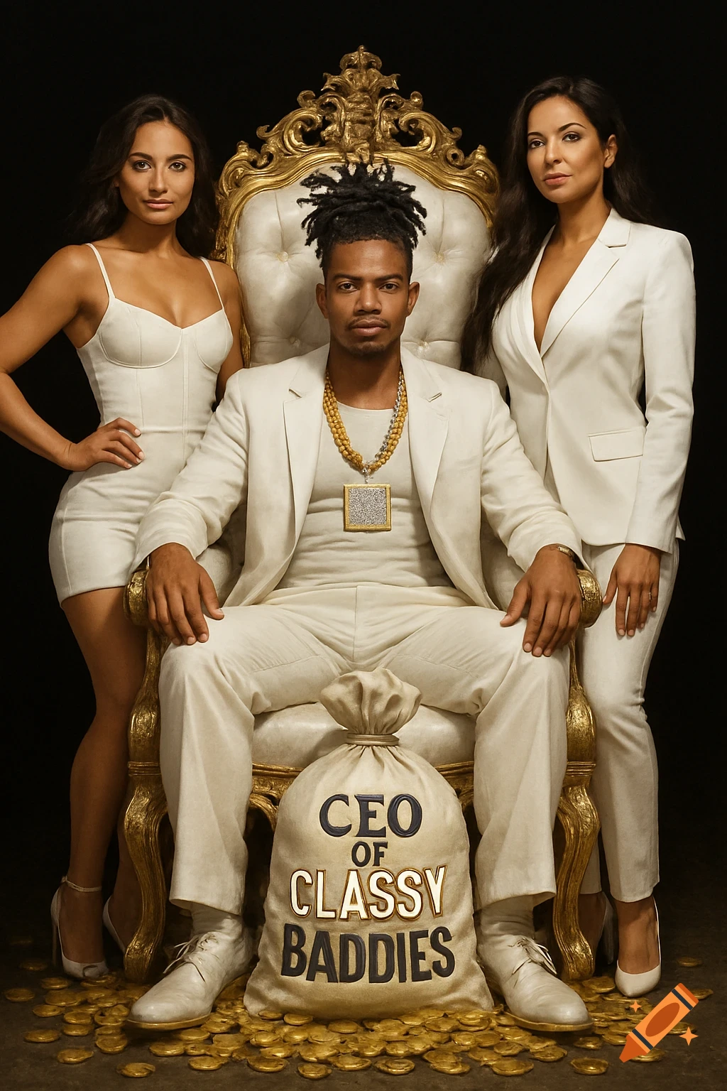 A man in a white suit on a gold throne with two women in white outfits beside him. A money bag with 'CEO OF CLASSY BADDIES' text sits at his feet amidst gold coins.
