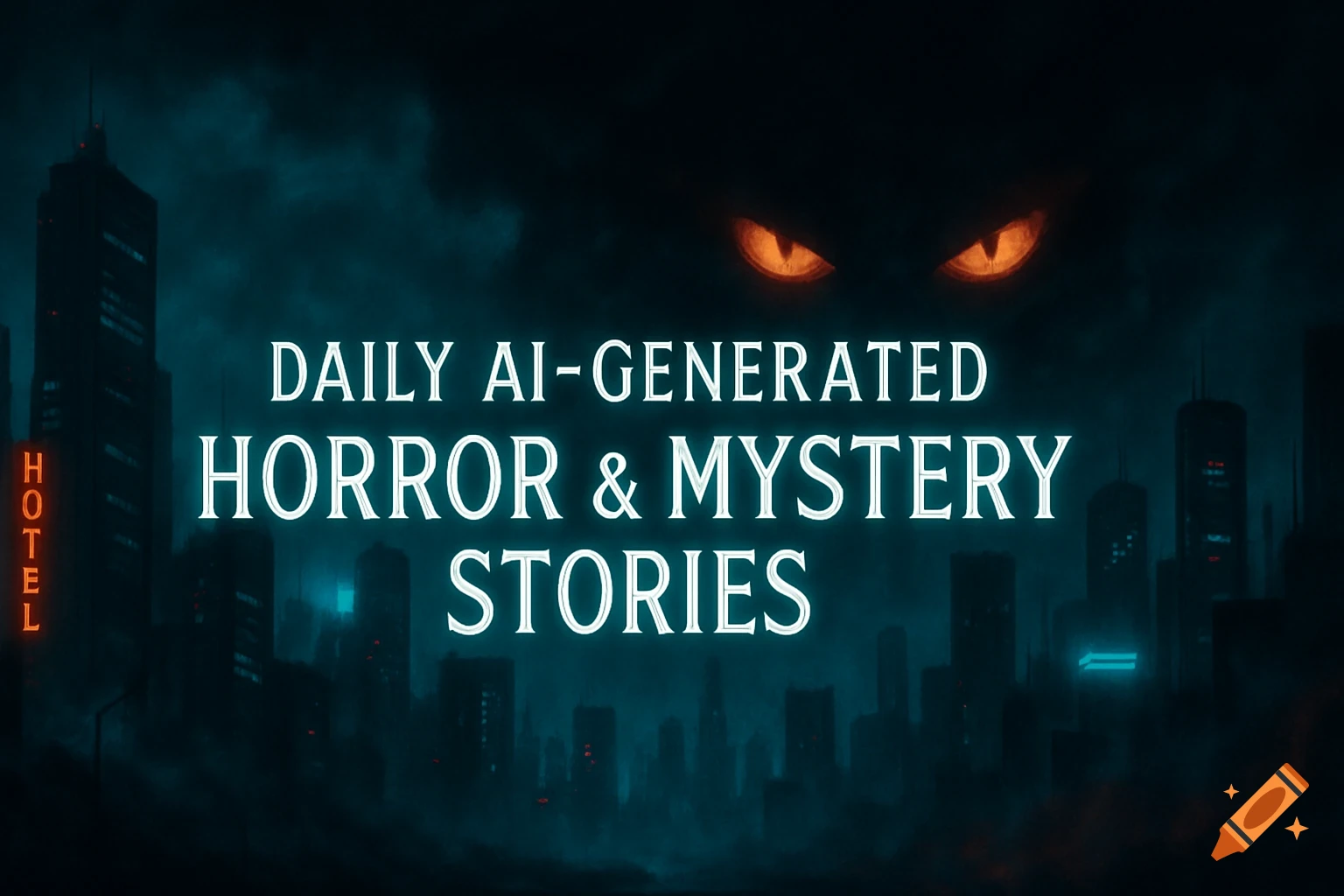 A dark cyberpunk city skyline shrouded in fog, with menacing orange eyes in the sky, and glowing text 'Daily AI-Generated Horror & Mystery Stories'.