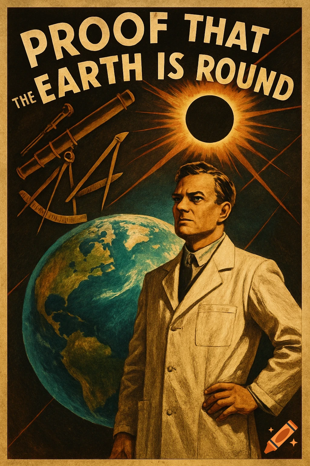 A vintage propaganda poster shows a scientist, a globe, and a solar eclipse, stating 'Proof That The Earth Is Round'.