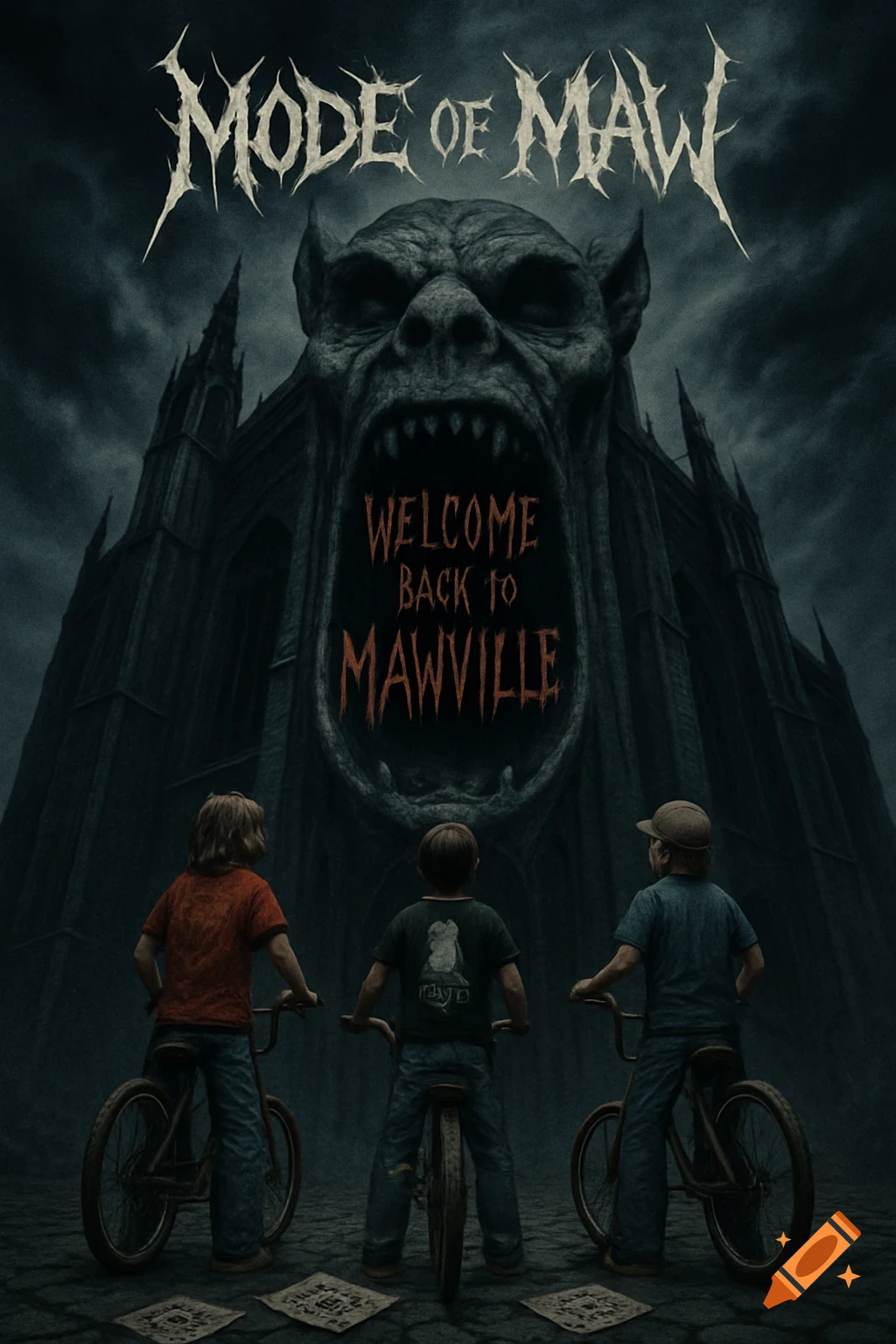 Three kids on bikes face a massive gothic cathedral with a monstrous gargoyle head, text reads "Welcome Back to Mawville" and "Mode of Maw" in a dark, hyperrealistic style.
