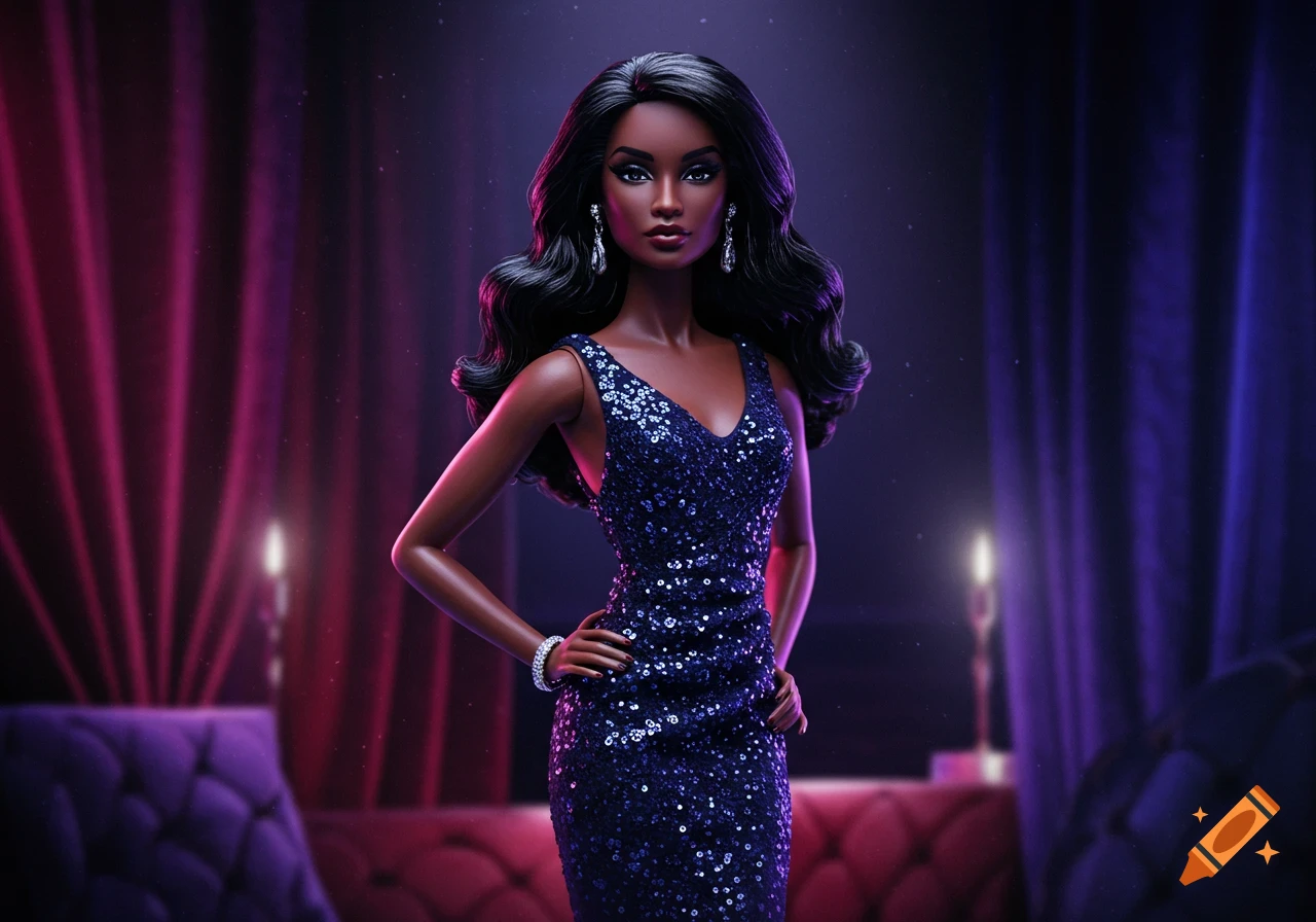 A beautiful Black doll in a shimmering blue sequined gown poses confidently on a stage with purple and red lighting.