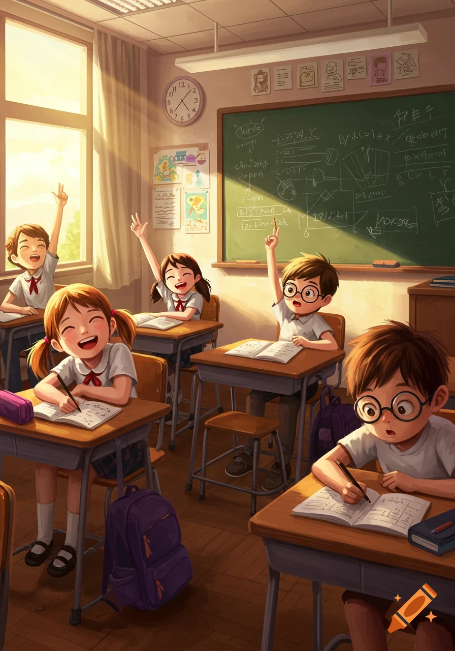 Illustrated scene of several happy students in a sunny classroom, some raising their hands, others writing in notebooks.
