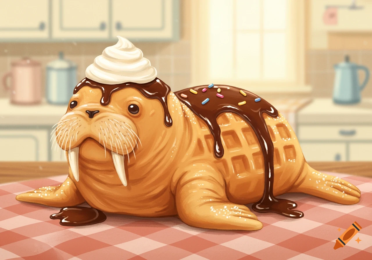 A cute, cartoon-style walrus made of a waffle with chocolate, sprinkles, and whipped cream, on a checkered tablecloth in a kitchen.