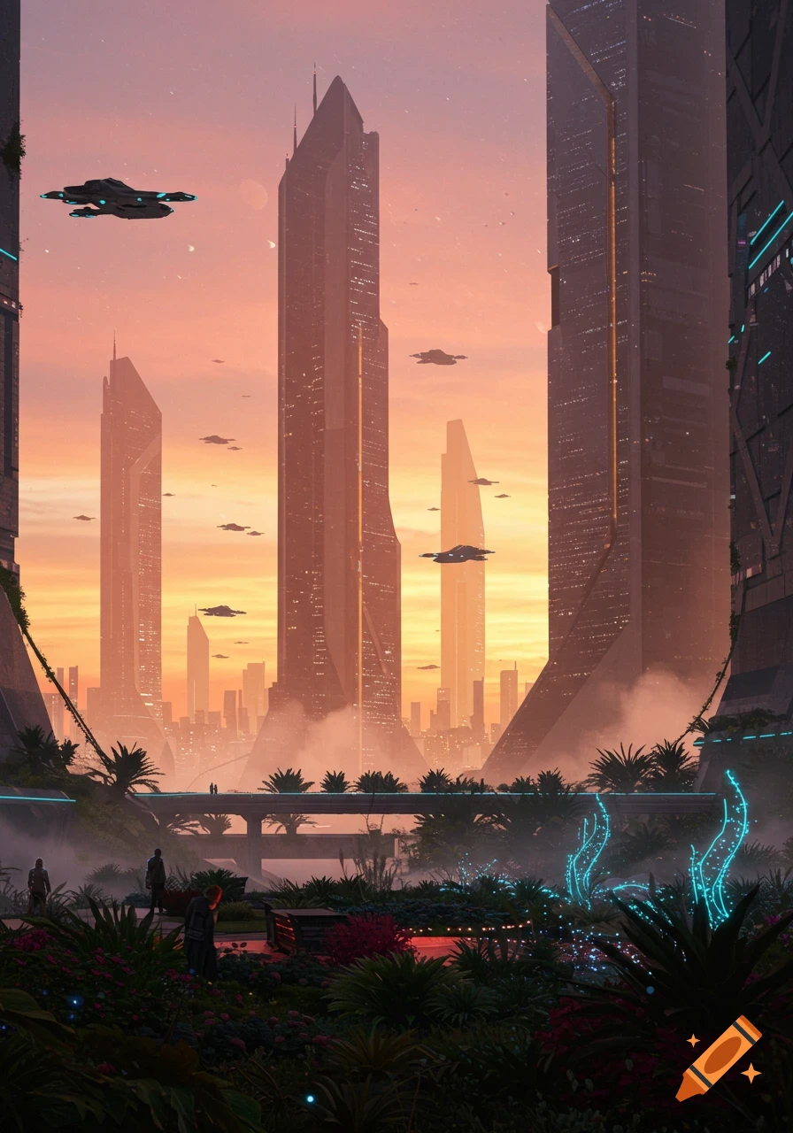 A vibrant futuristic cityscape at sunrise with towering skyscrapers, flying vehicles, and lush, glowing gardens.