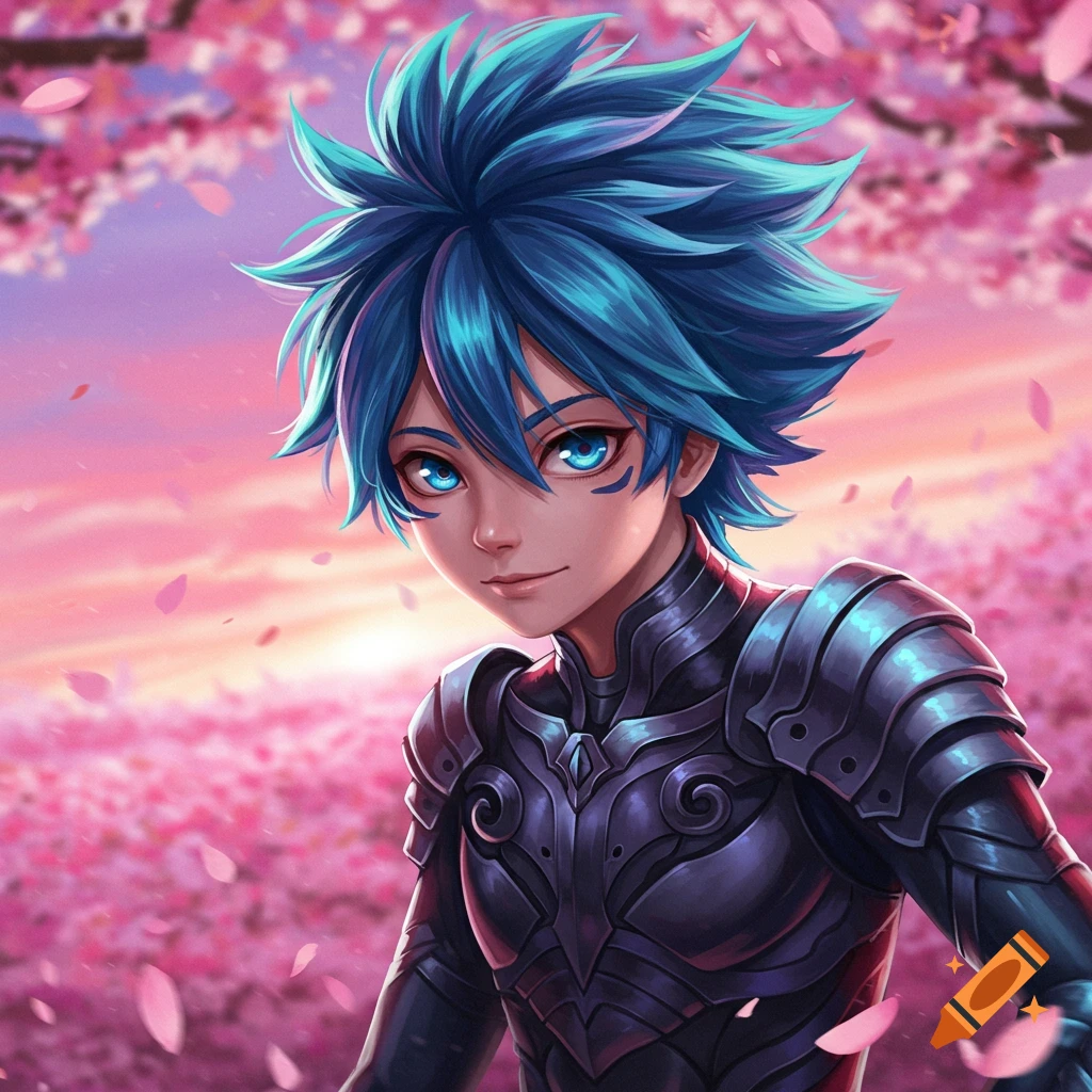 An anime character with spiky blue hair and glowing blue eyes, wearing dark fantasy armor, stands amidst pink cherry blossoms.
