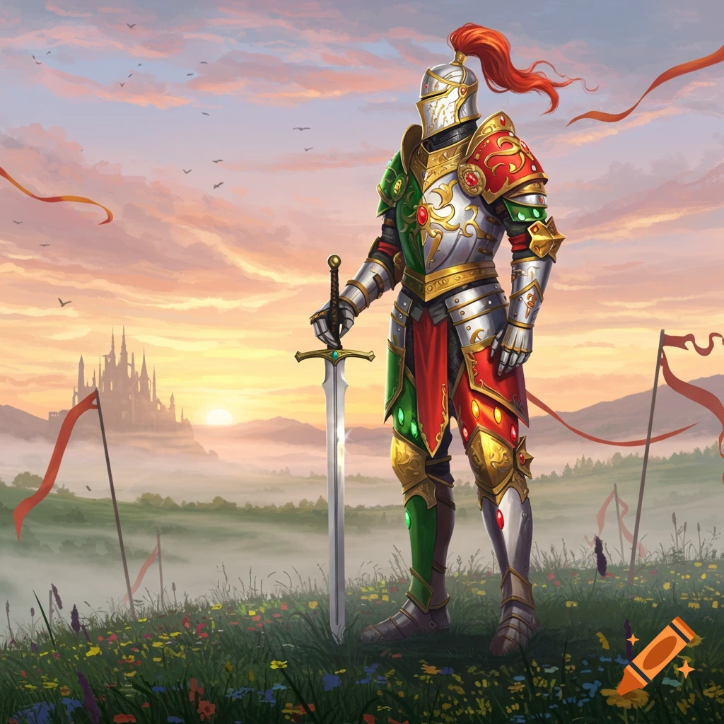 A knight in ornate red, green, and silver armor stands with a sword in a wildflower field at sunset, with a castle in the misty distance.