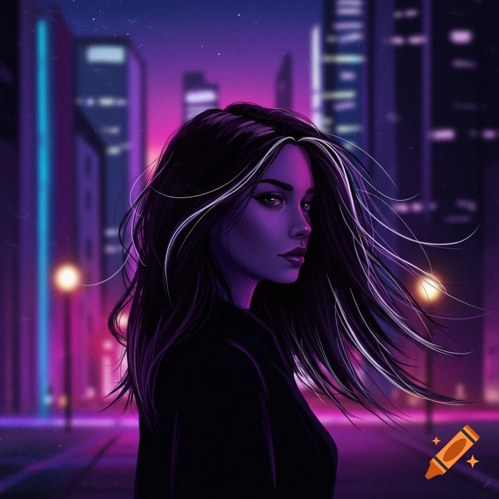 A stylized portrait of a woman with long dark hair with white and purple highlights, against a blurry neon cityscape at night.