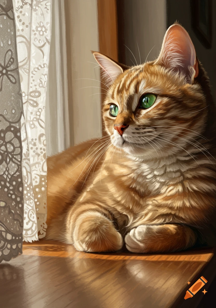 A realistic orange tabby cat with green eyes lies by a sunlit window with a lace curtain, looking outside.