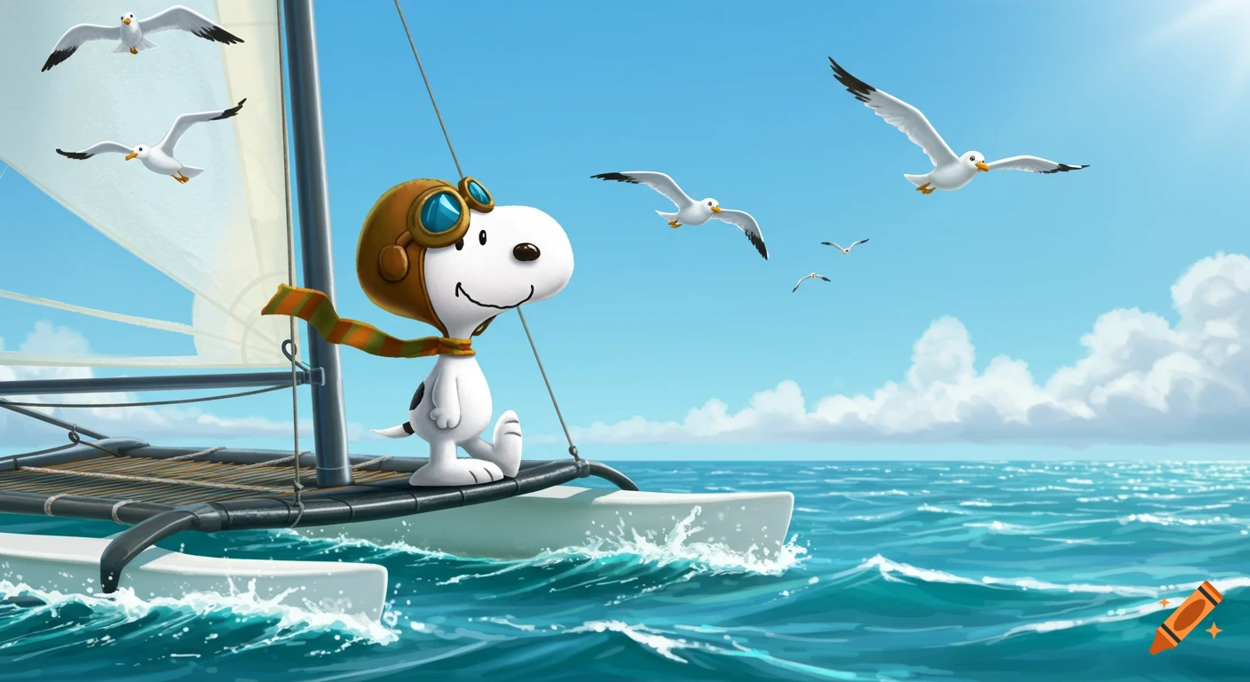 Snoopy, wearing pilot goggles and a scarf, stands on a catamaran sailing on a blue ocean with seagulls flying under a bright sky.