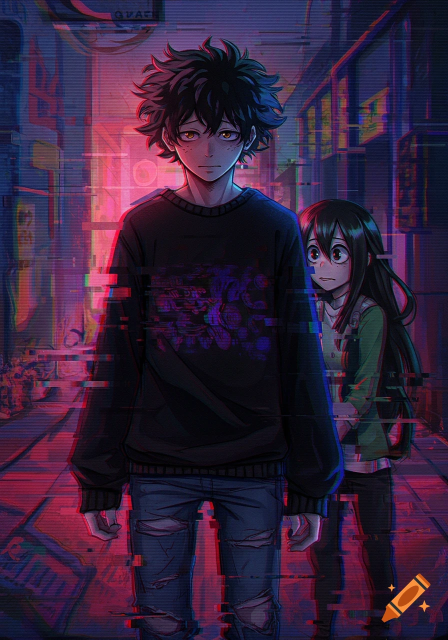 An anime-style male character with dark green hair and amber eyes in a black sweater and ripped jeans stands in a glitched, neon-lit city street. A female character with long dark hair and frog-like eyes peeks from behind him.