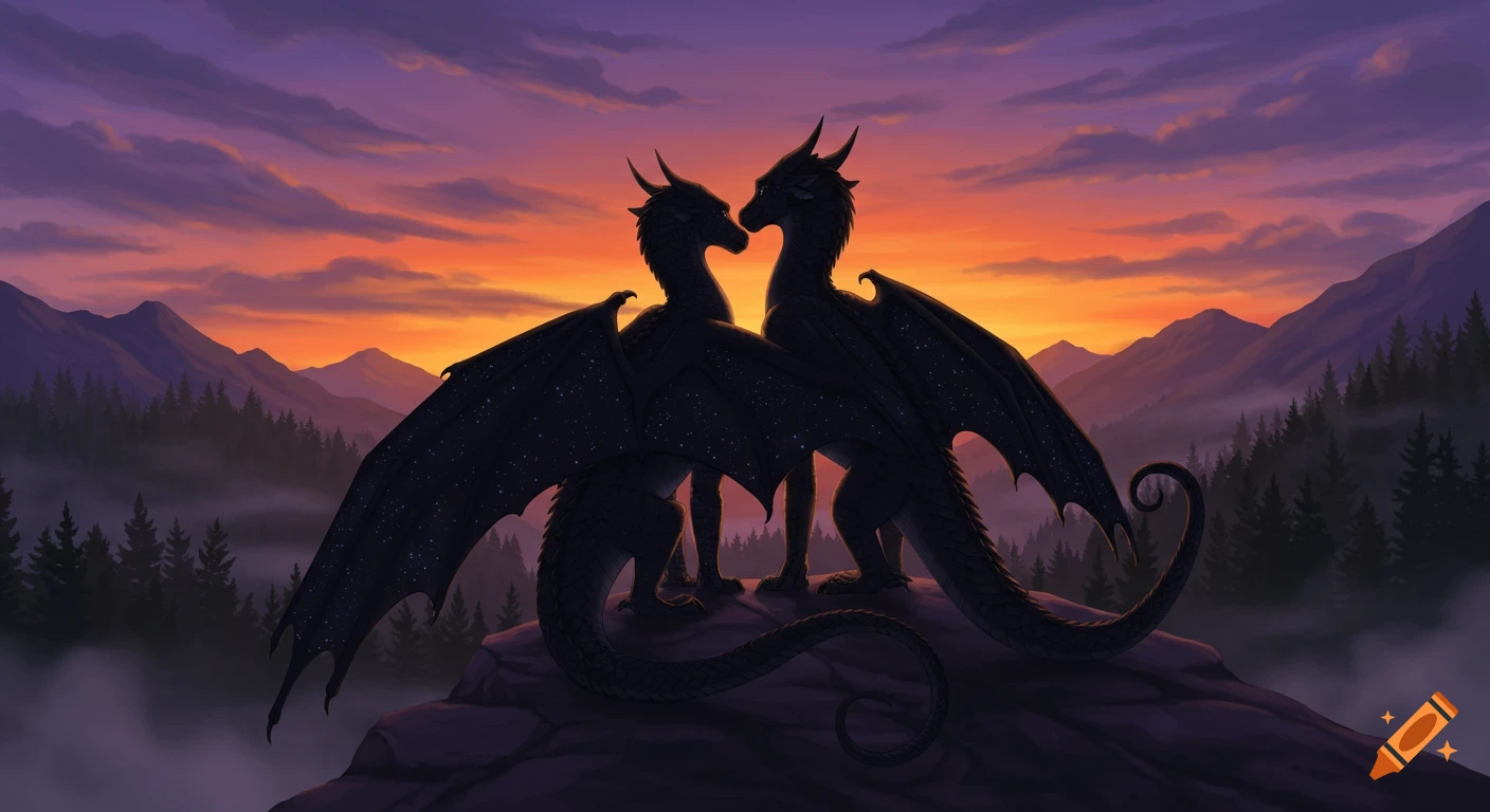 Two silhouette dragons face each other on a mountain peak at sunset, with a forest and mountains in the background, in a stylized fantasy art style.