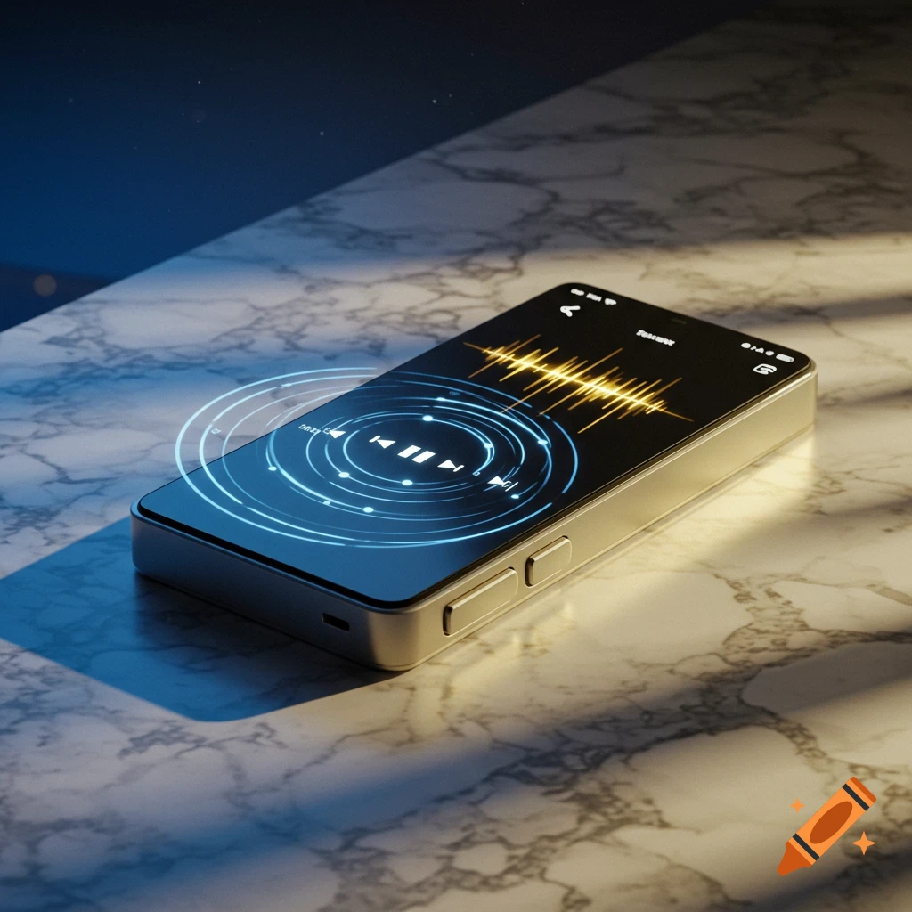 A photorealistic music player with a glowing screen showing a sound wave and controls, resting on a marble surface.