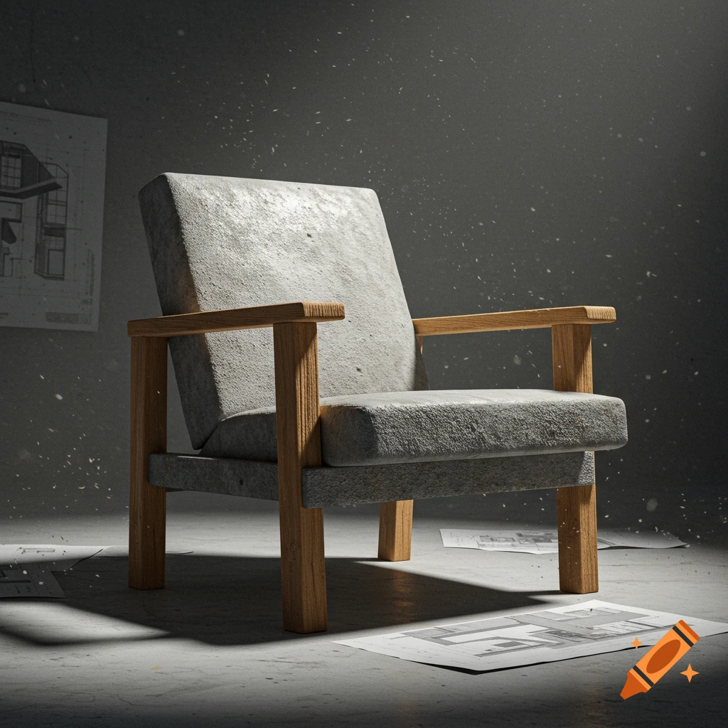 A brutallist concrete chair with wooden armrests in a dusty, dimly lit room with blueprints scattered around, photorealistic.