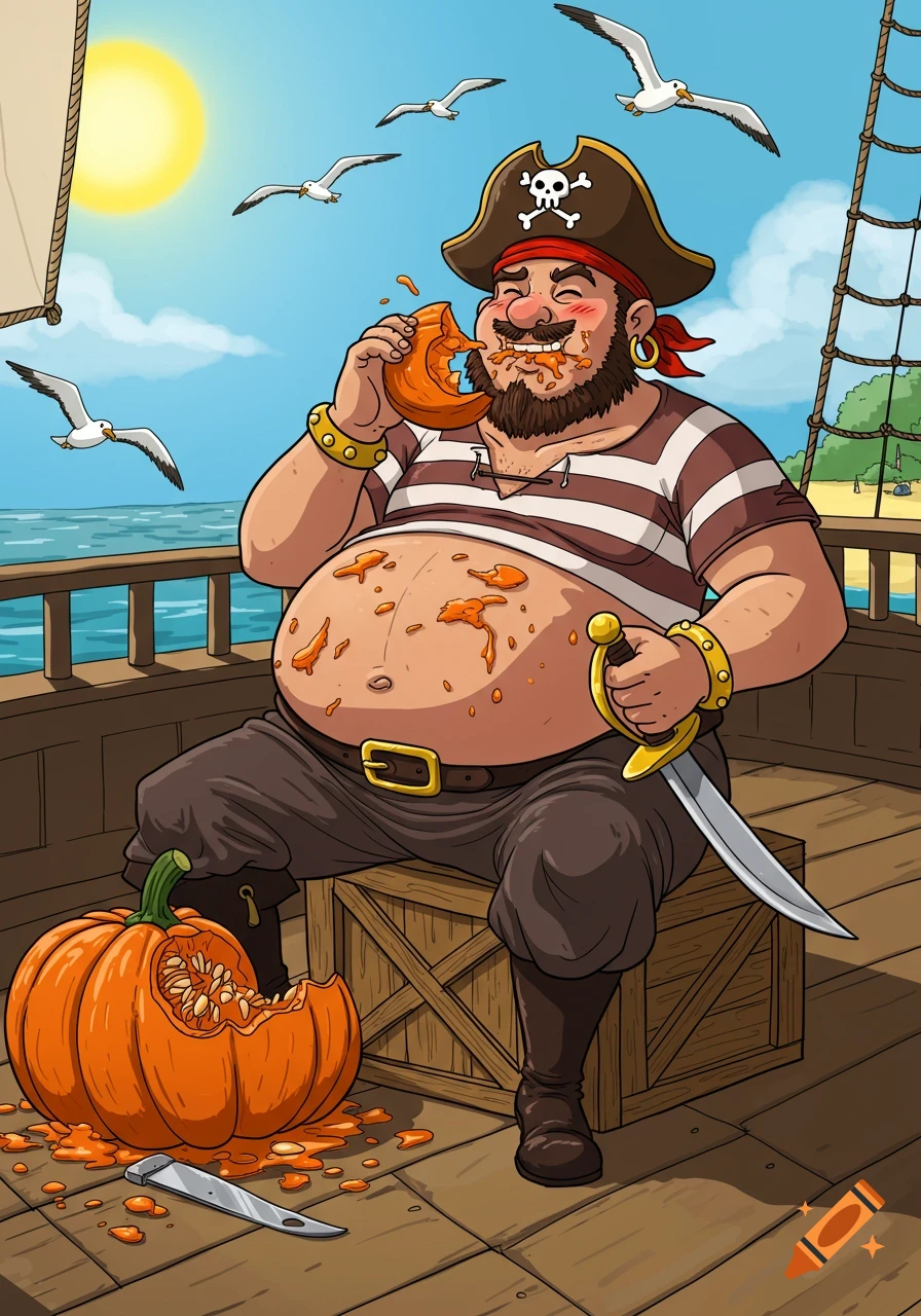 A cartoon pirate with a huge belly happily eats a pumpkin on a ship's deck, surrounded by flying seagulls.