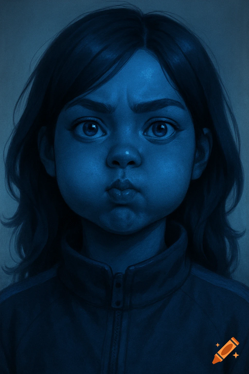 Stylized illustration of a young person with dark blue skin and hair, puffed cheeks, and a pouty expression in shades of blue.