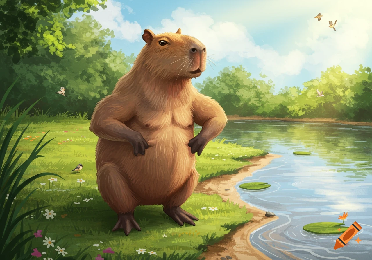 A muscular capybara with abs stands by a calm river with lily pads and trees under a blue sky, birds flying.
