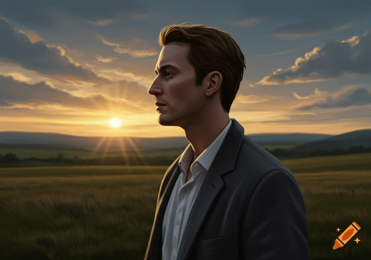 A pensive man in a suit jacket looks towards a vibrant sunset over a grassy field, painted.
