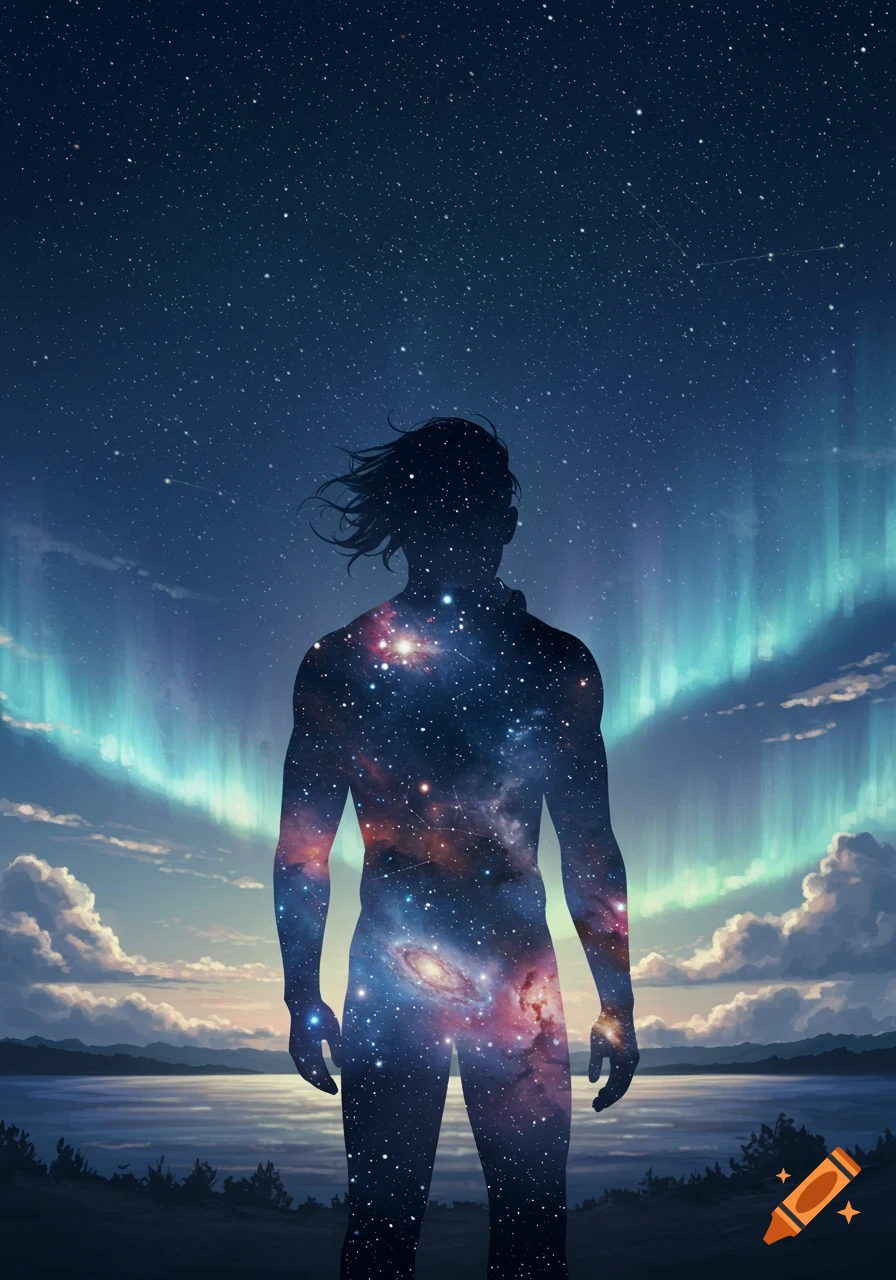 Silhouette of a man filled with the universe, looking at a starry night sky with aurora over a lake.