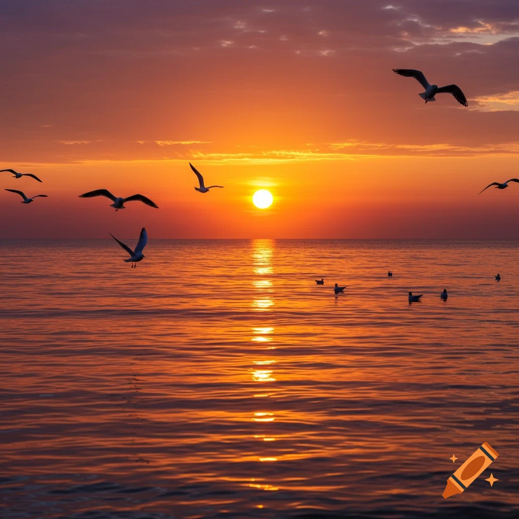 Seagulls fly and float over a calm sea at sunset, with warm orange and pink sky reflecting on the water.