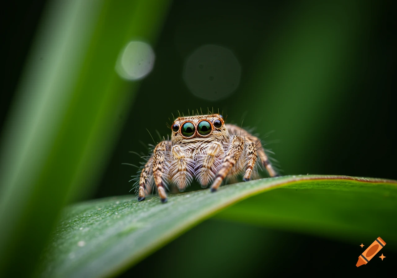 A detailed macro photo of a jumping spider with large green eyes, perched on a vibrant green leaf.