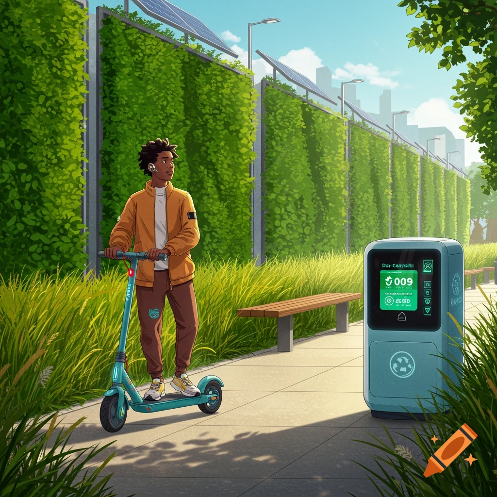 An illustration of a young Black man on a teal electric scooter on a sunny path, next to a green wall with solar panels and a smart recycling bin.