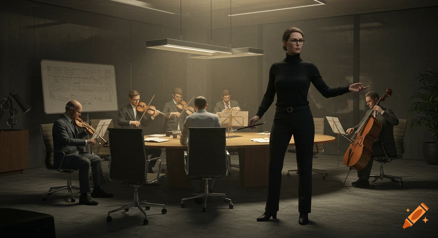 A female conductor leads an orchestra of men playing string instruments in a modern, dimly lit office conference room. Photorealistic.