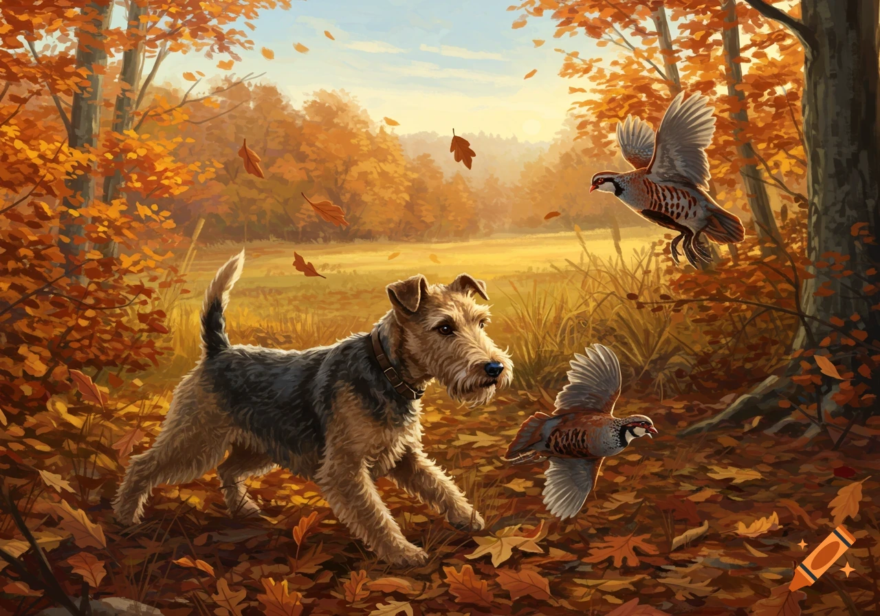 A Lakeland Terrier dog chases two partridges in a vibrant autumn forest with orange leaves, rendered in a painterly style.