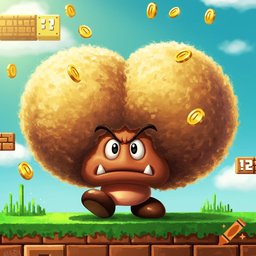 An angry Goomba with a large, fluffy afro walks on green grass in a Super Mario Bros. scene with floating coins and blocks.