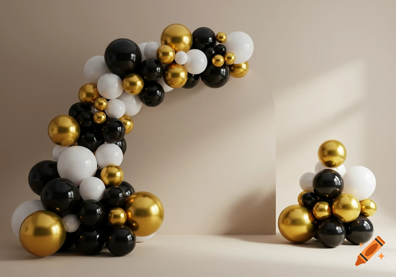 Photorealistic organic balloon arch with black, gold, and white balloons in a modern luxury event setting.