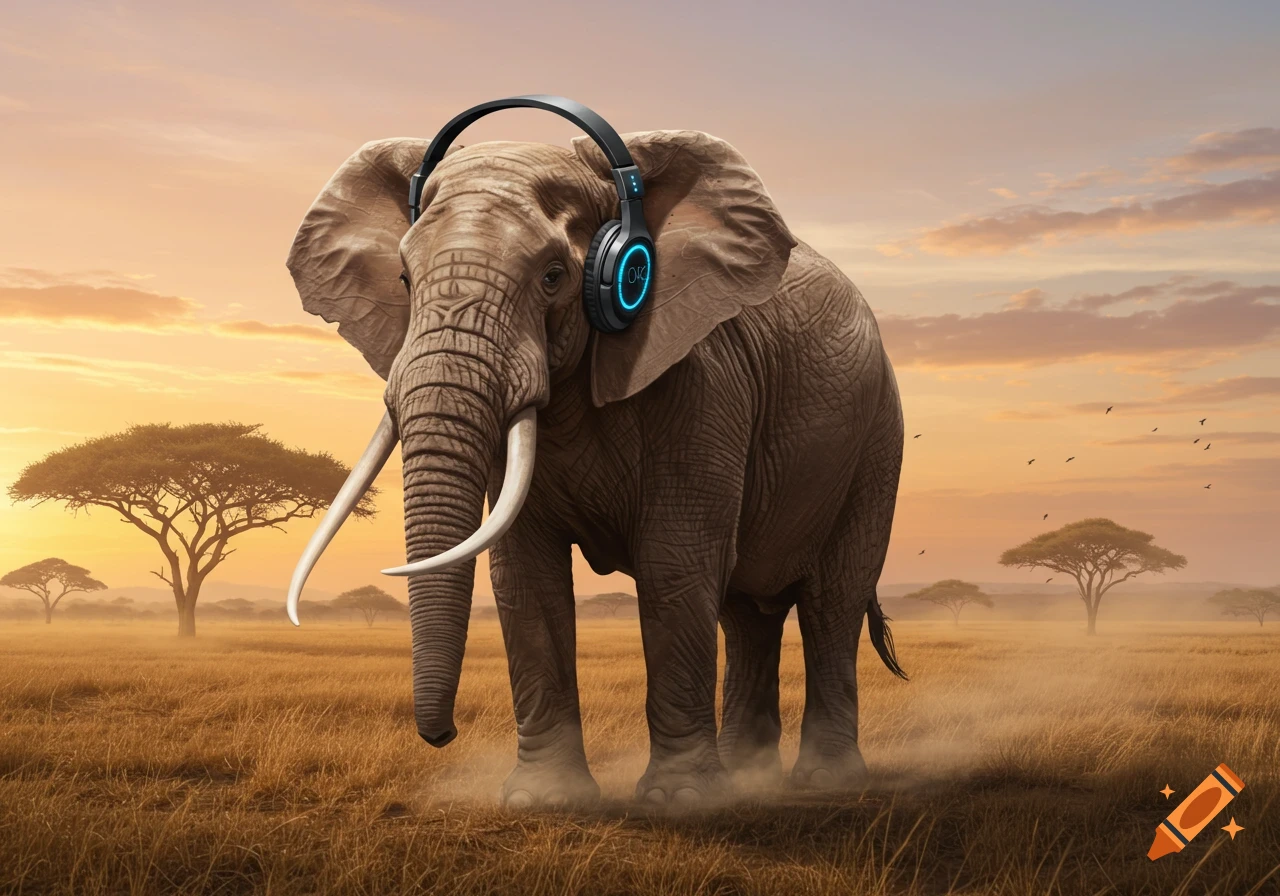 A majestic elephant wearing modern headphones stands in a sun-drenched African savanna at sunset.